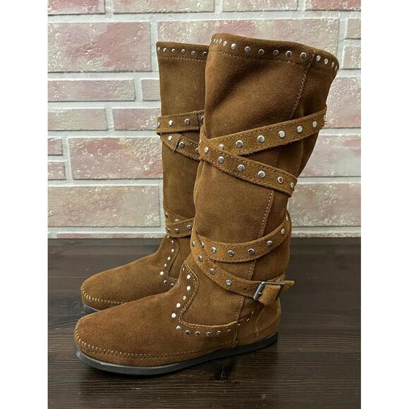 Minnetonka Tall Studded Strap Boots 1642 Brown Leather Women's Size 7 - Picture 2 of 9